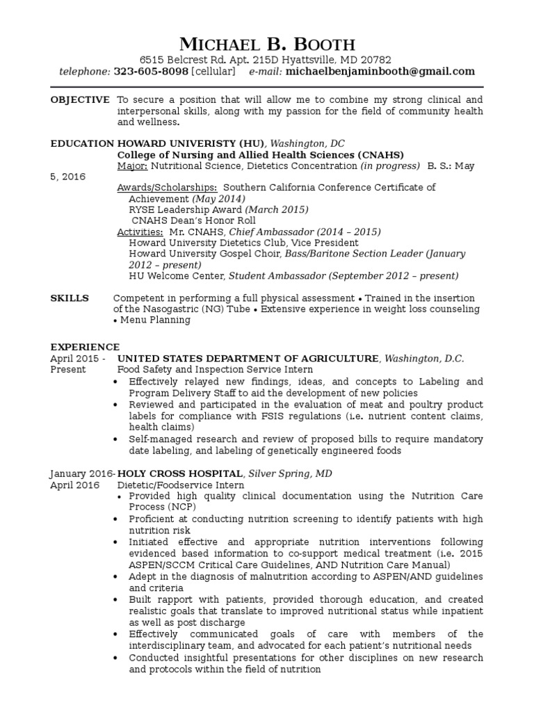 michael booth professional resume 2016 | Dietitian | Nutrition