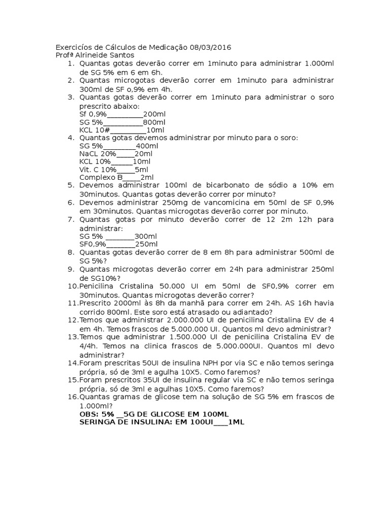 Exercicíos de Cálculos de Medicação