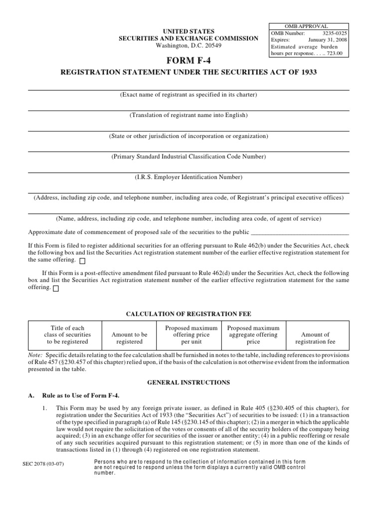 Securities and Exchange Commission (SEC) - Formf-4 | PDF | Regulation S ...