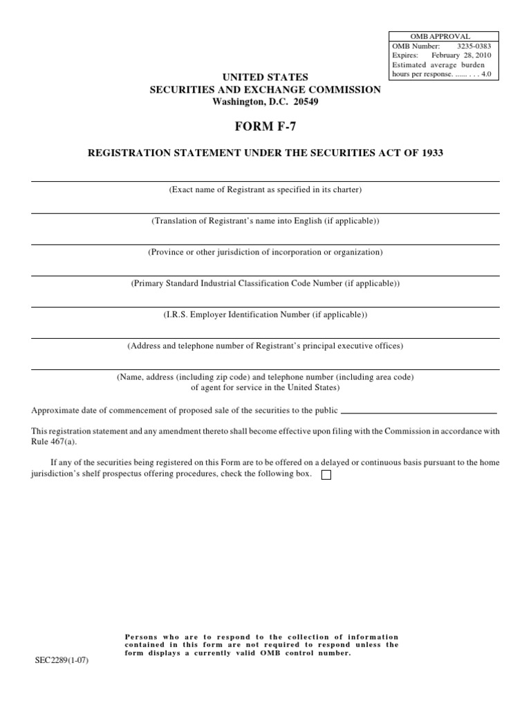 Securities and Exchange Commission (SEC) - Formf-7 | PDF | Securities ...