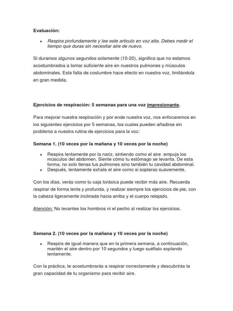 Ejercicios de respiración para la voz | PDF | Respiración | Vocal