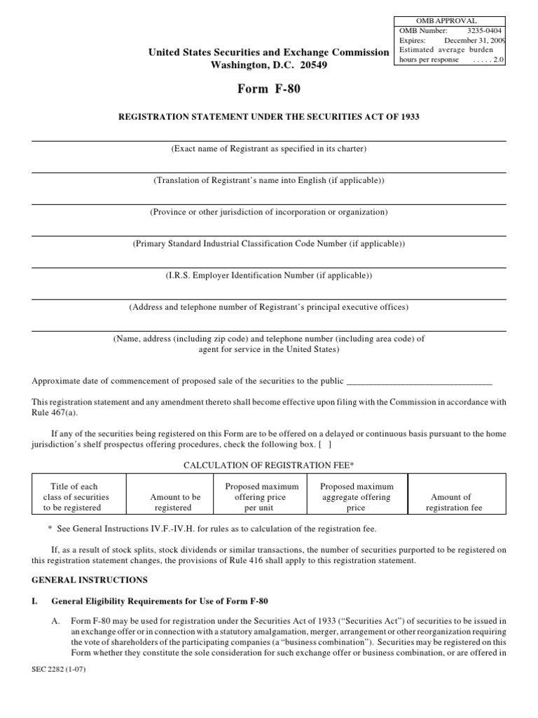 Securities and Exchange Commission (SEC) - Formf-80 | PDF | Securities ...