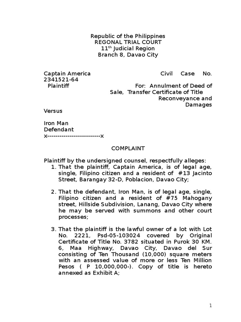 annulment of title and deed of sale with reconveyance and damages