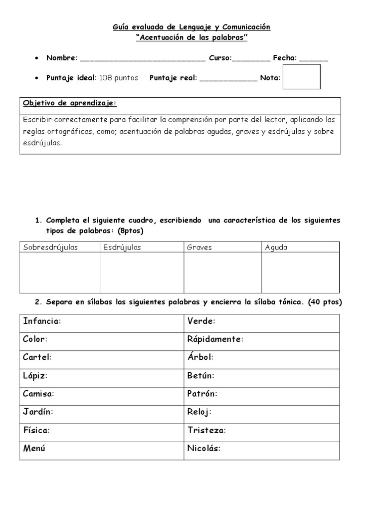 Guia Evaluada Acentuación De Las Palabras