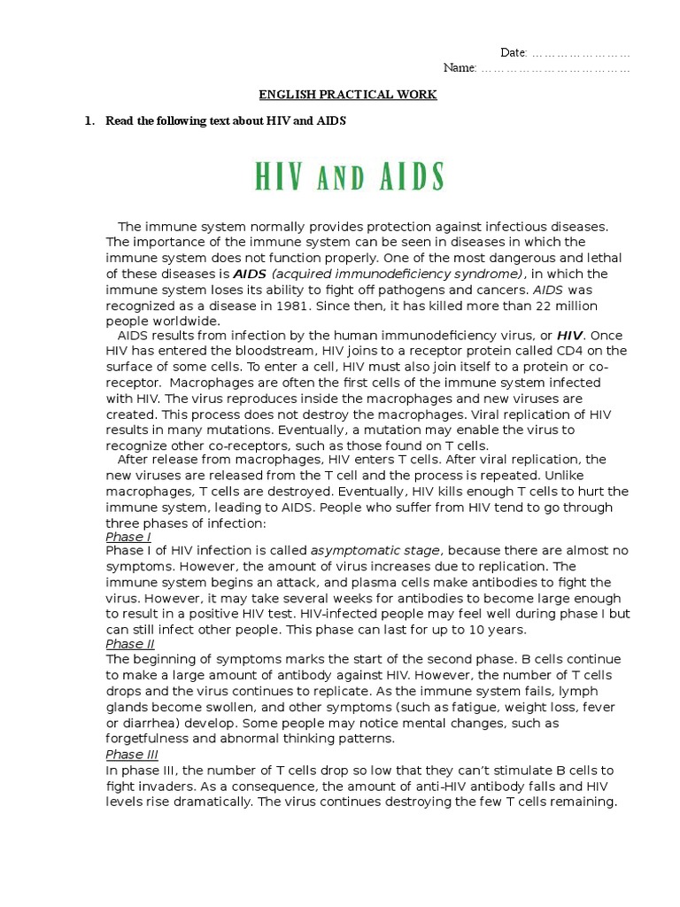 Reading Comprehension HIV Hiv/Aids Virus Prueba gratuita de 30
