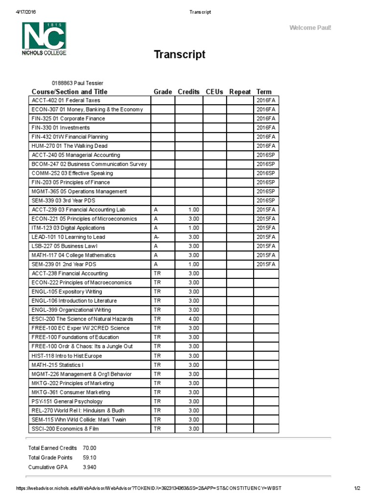 Paul's Academic Transcript | PDF | Finance & Money Management