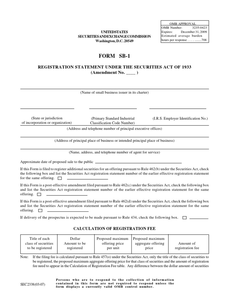 SEC Form SB-1 Registration Statement | PDF | Securities Act Of 1933 ...
