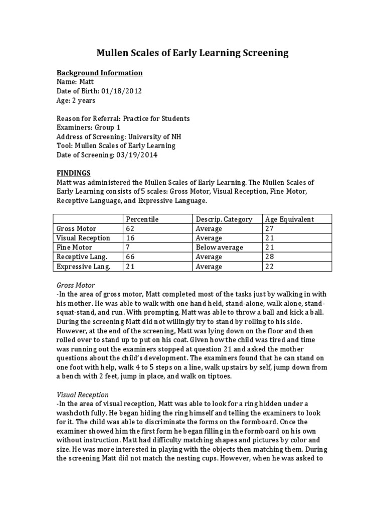 Mullen Scales of Early Learning Report | PDF | Neuropsychological ...