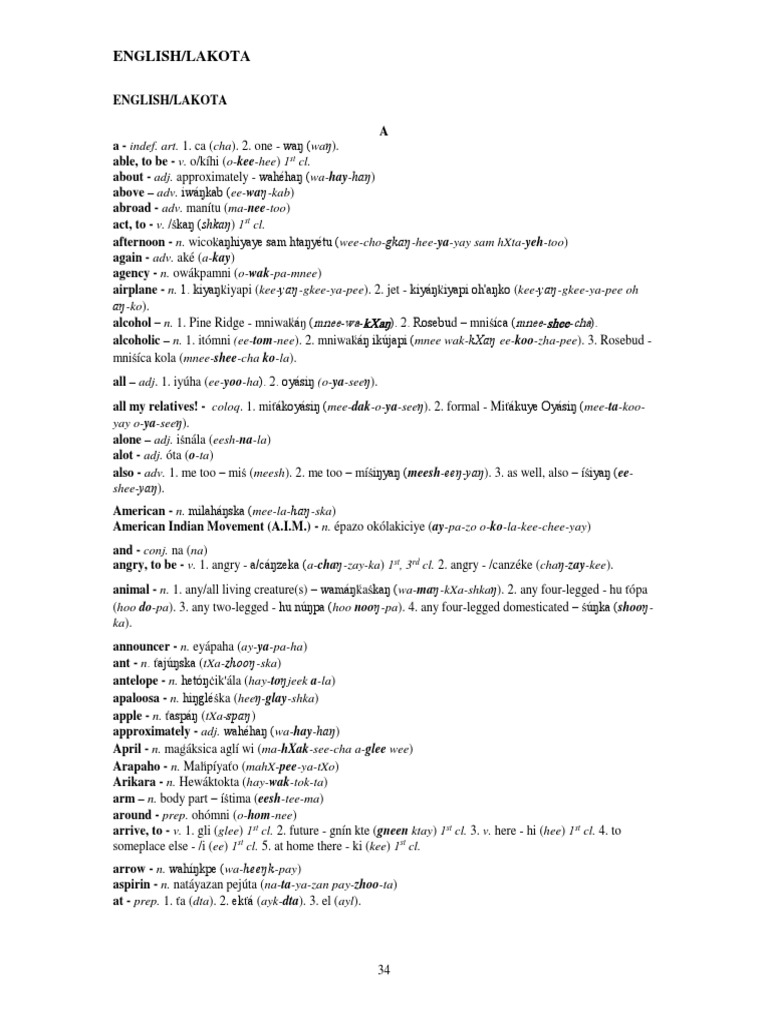 EnglishLakota Dictionary PDF Lakota People Midwestern United States