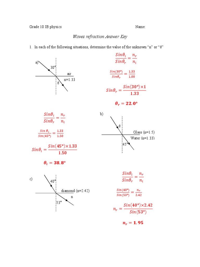 Waves Refraction Worksheets Answers