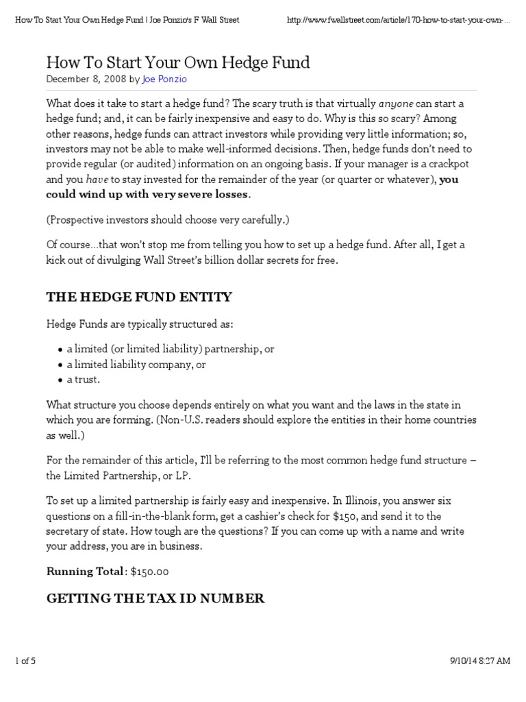 How To Start Your Own Hedge Fund Joe Ponzio's F Wall Street Download Free PDF Hedge Fund