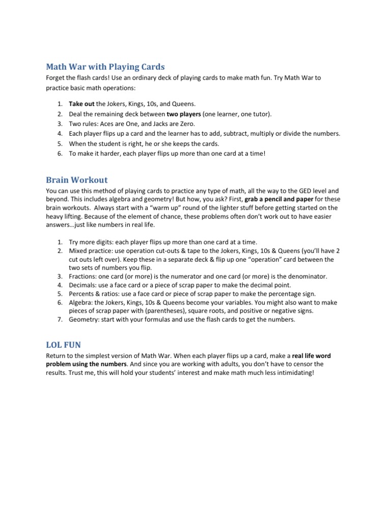 Math War With Playing Cards | PDF