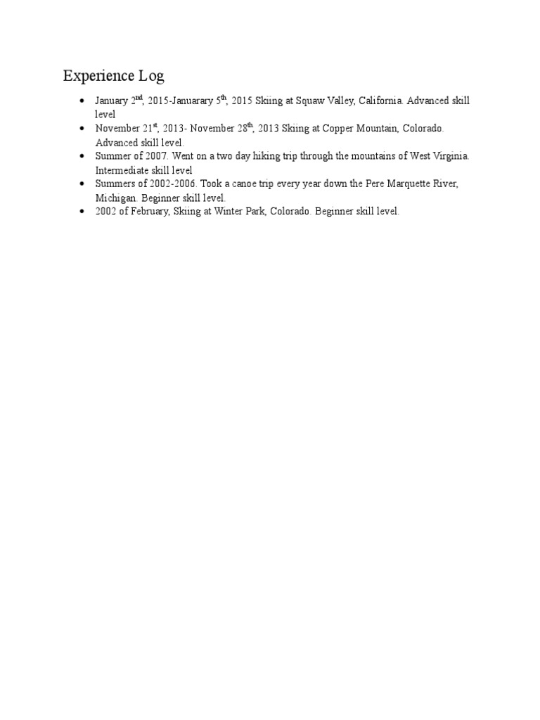 Skiing and Hiking Experience Log | PDF