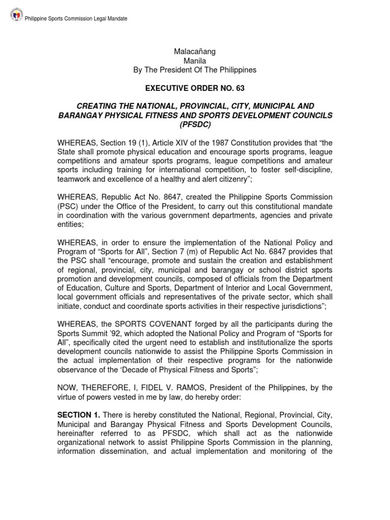 Executive Order No.63 President Of The Philippines Local Government