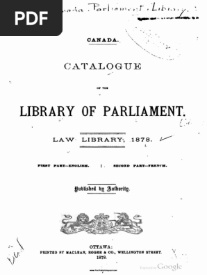 Canada Catalogue Of The Library Of Parliament Law Library - 