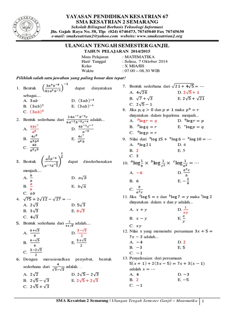 soal essay matematika kelas 10 beserta jawabannya