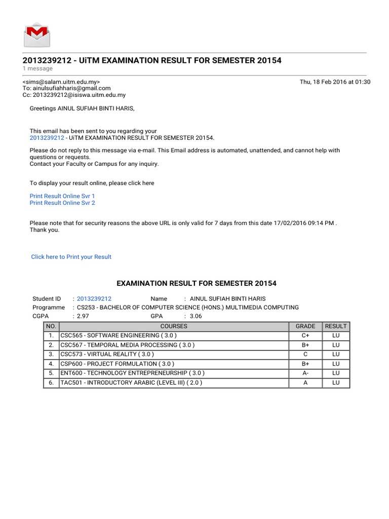 UiTM Semester 20154 Exam Results | PDF | Business | Computers