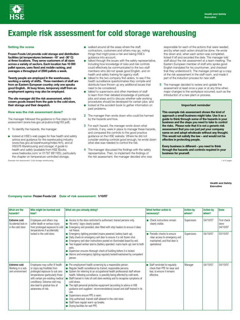 Risk Assessment for Cold Storage Warehousing | Warehouse | Occupational