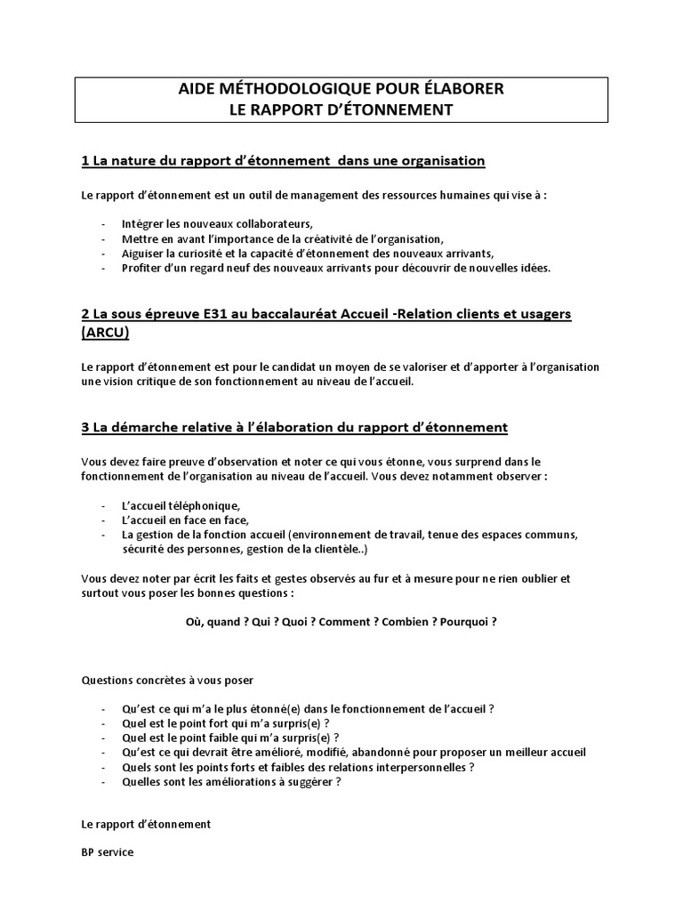 Aide Methodologique Pour Elaborer Rapport D Etonnement Ressources Humaines Affaires