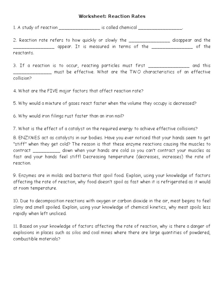 Worksheet: Reaction Rates | PDF | Reaction Rate | Chemical Reactions