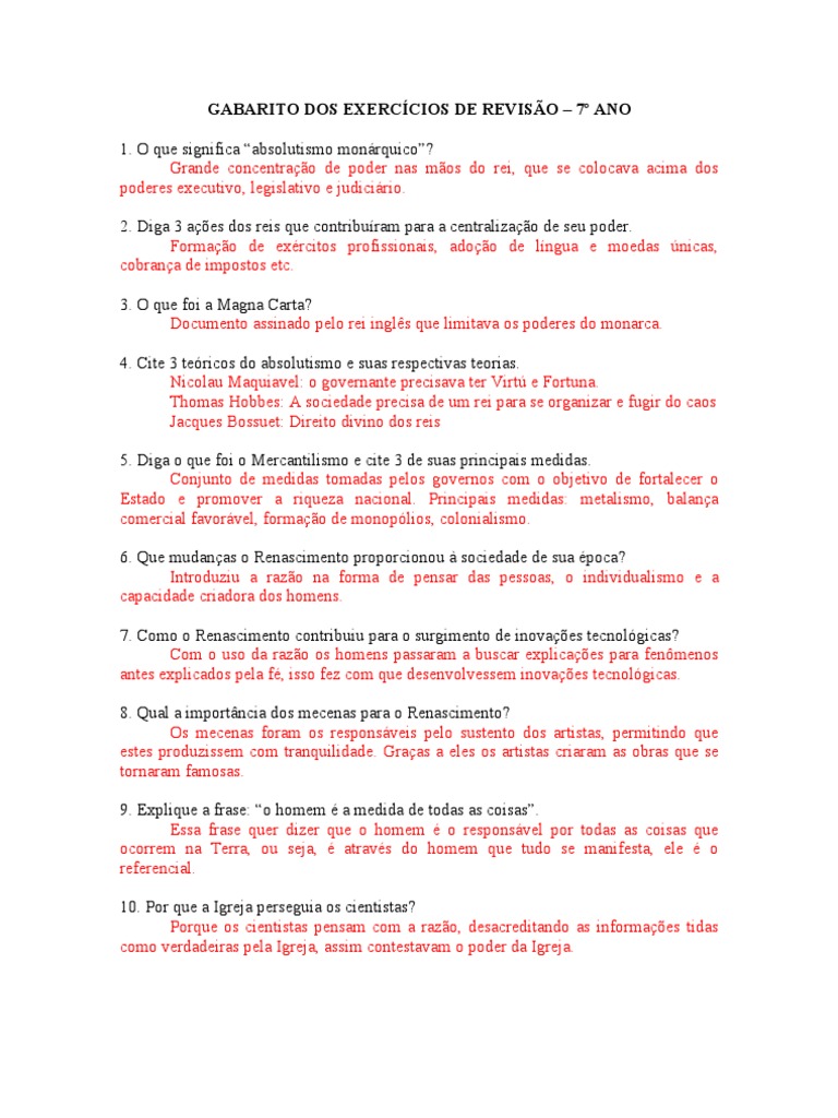 Prova De Historia 7 Ano 1 Bimestre Com Gabarito