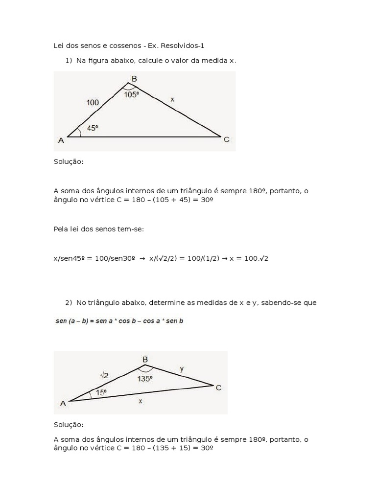 Lei Dos Senos E Cossenos Exercicios Com Gabarito
