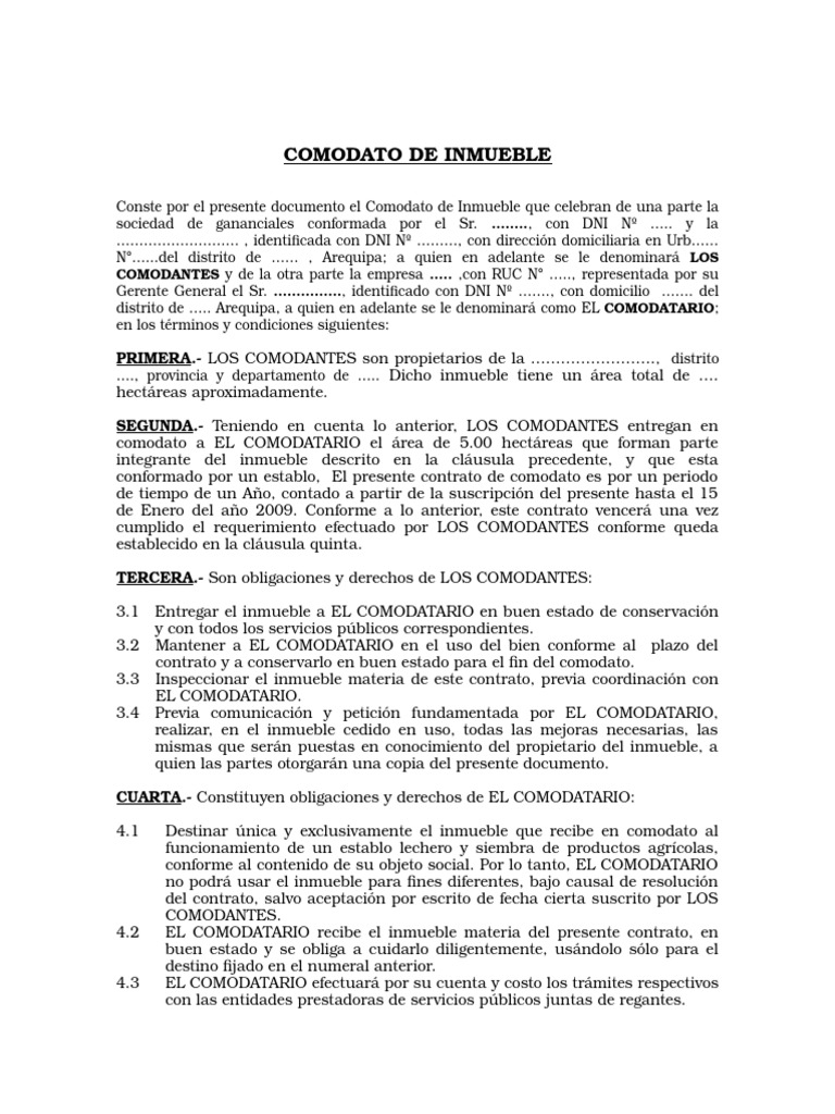 Modelo de Comodato de Inmueble | Pagos | Derecho privado