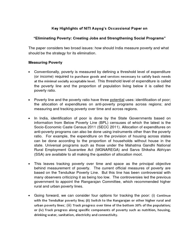 Key Highlights of NITI Aayog's Occassional Paper On "Eliminating