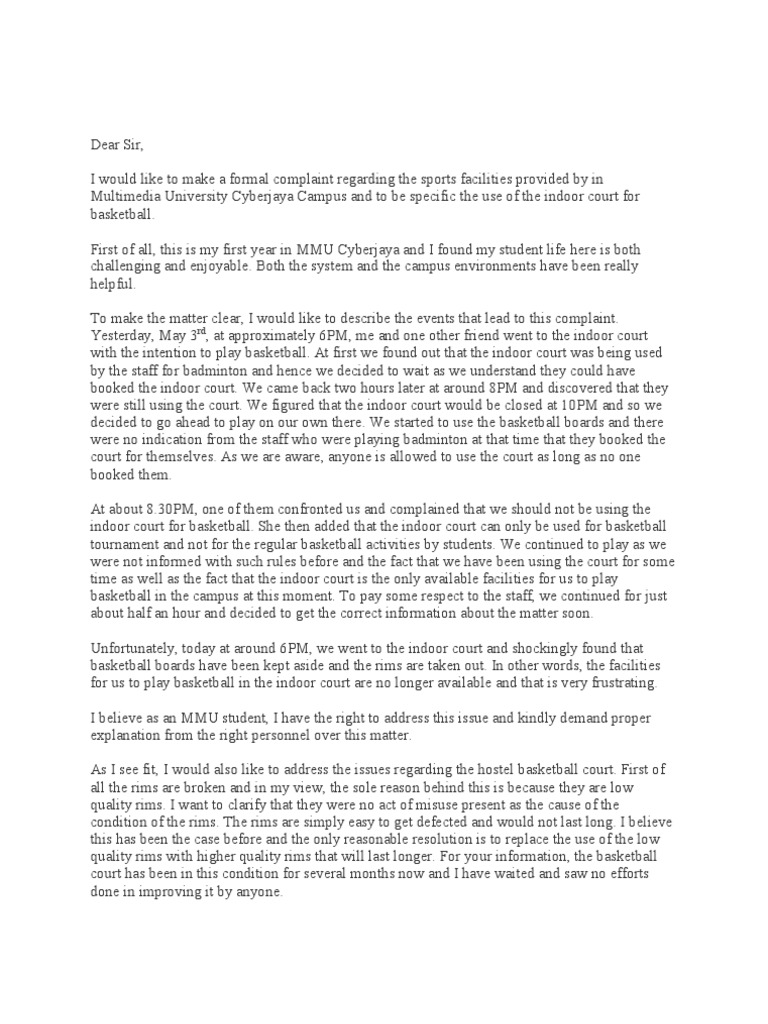 Complaint Letter Indoor Court Basketball PDF Sports