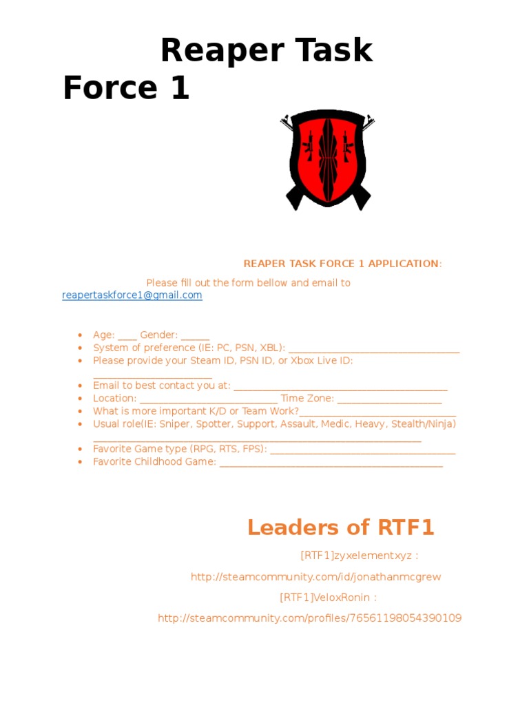 Reaper Task Force 1 Application Form | PDF | Games & Activities