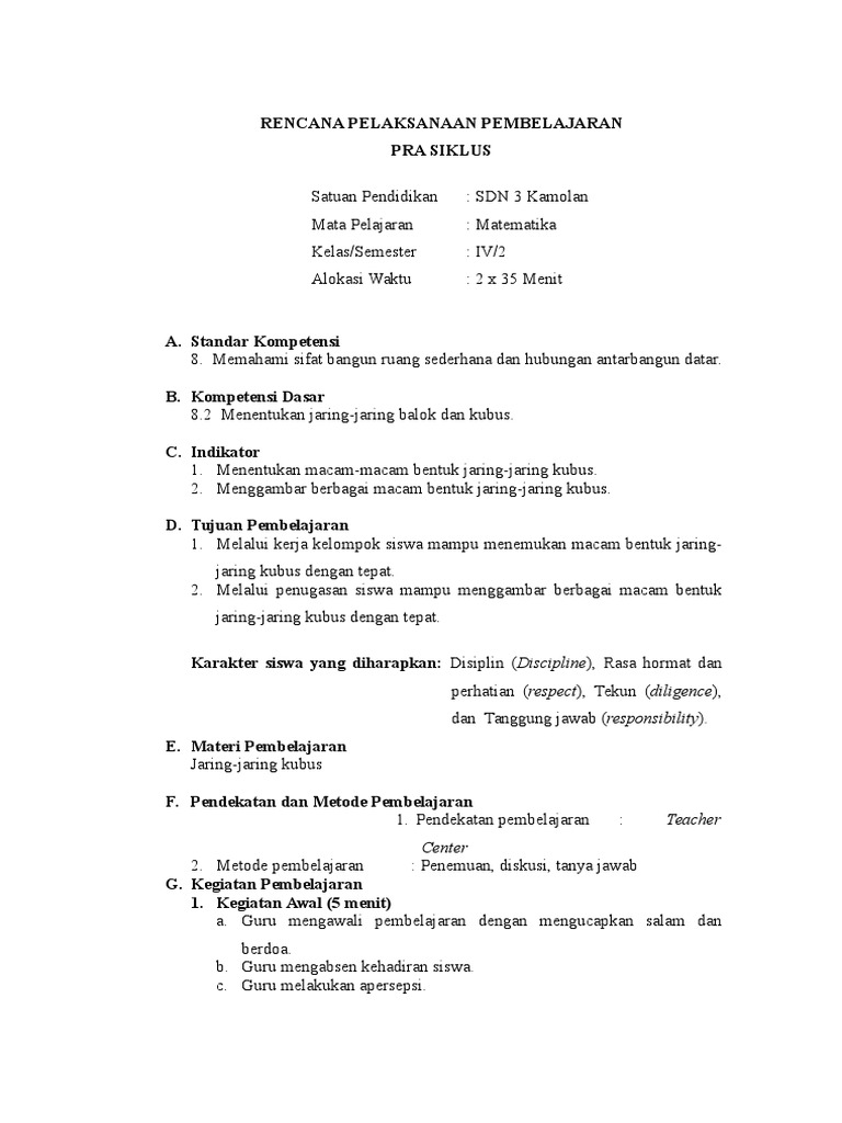 Rpp Matematika Kubus Kelas 4
