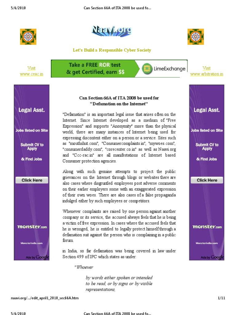 Defamation and Section 66A of IT Act | PDF | Defamation | Lawsuit