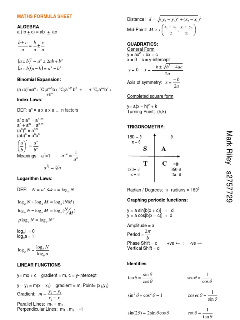 Senior Maths Formula Sheet