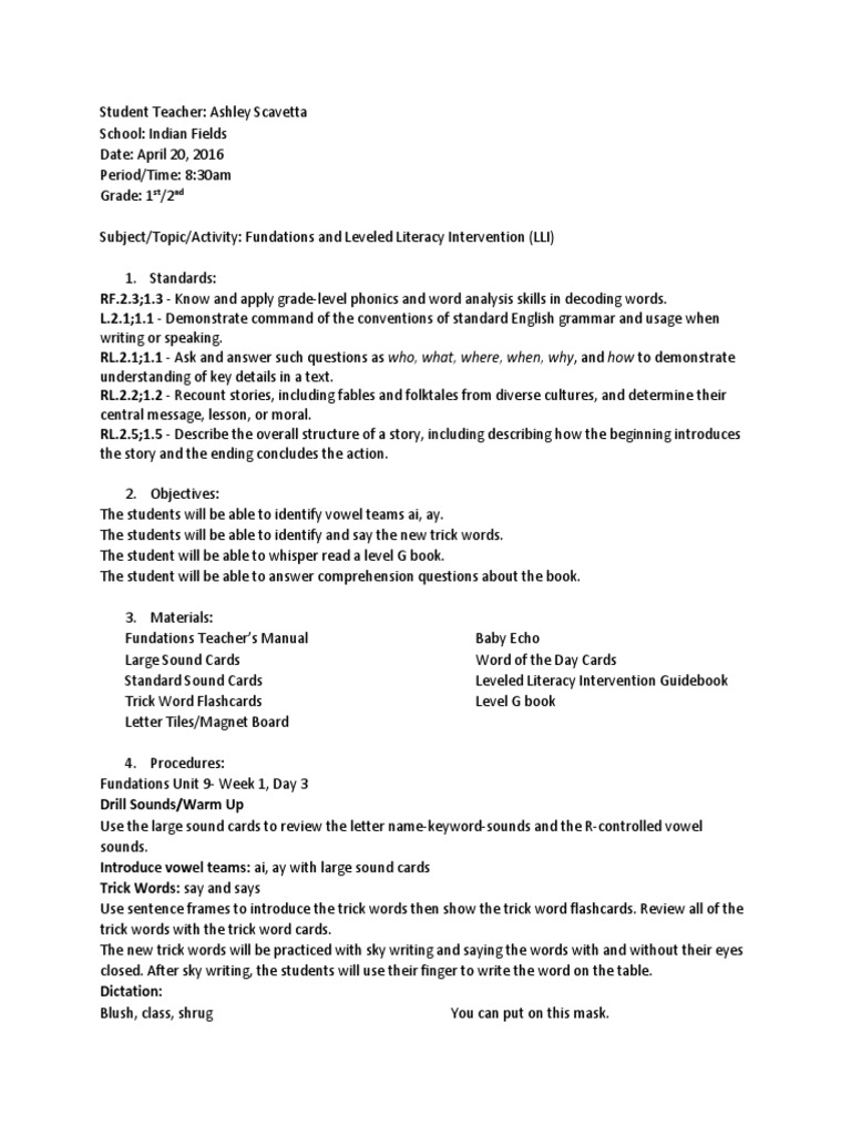 Fundations and LLI Lesson Plan Overview | PDF | Reading Comprehension ...