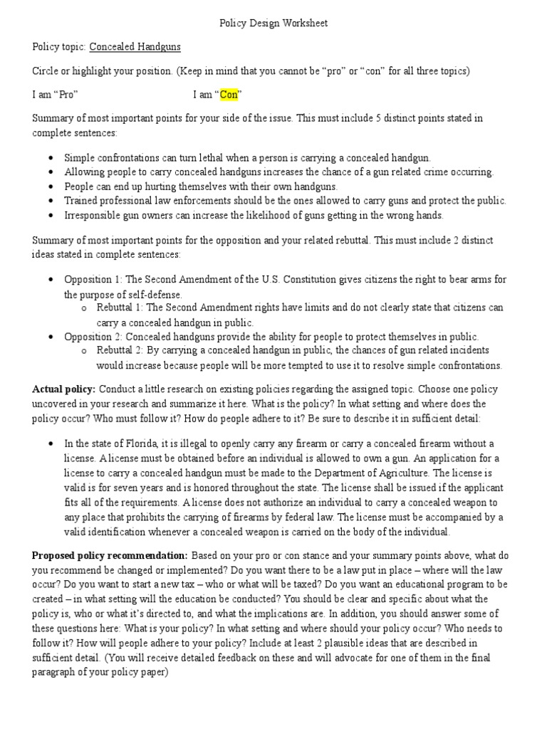 Concealed Handguns - Policy Design Worksheet | PDF | Concealed Carry In ...