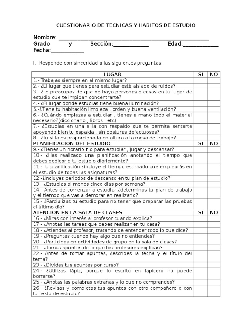 Cuestionario de Hábitos de Estudio | PDF