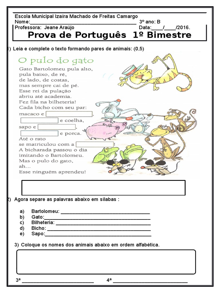 Prova de Português 3º Ano 1º Bimestre | PDF