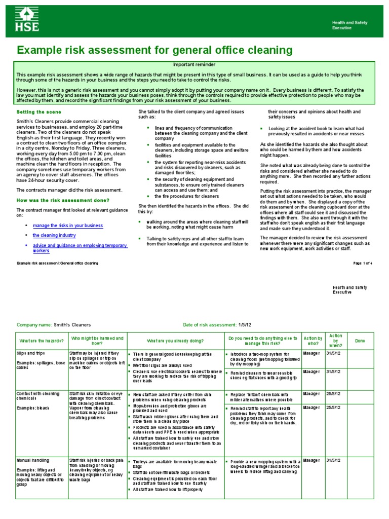 Risk Assessment For Office Cleaning Work PDF Housekeeping Risk