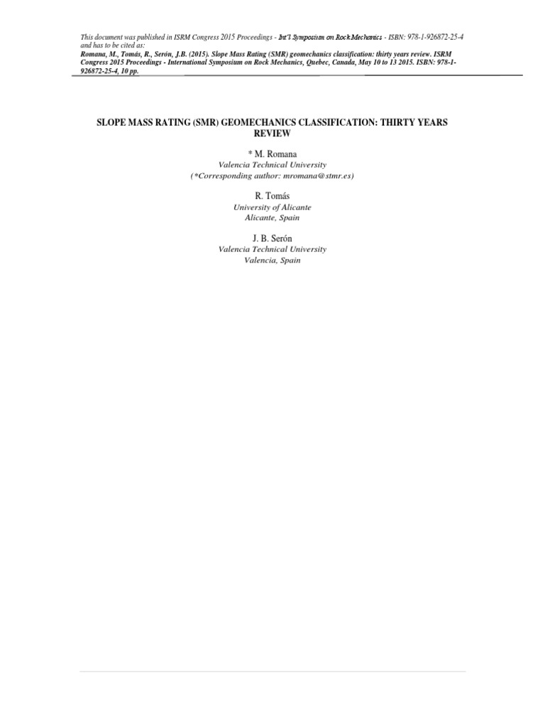 Slope Mass Rating Smr Geomechanics Classification Thirty Years Review