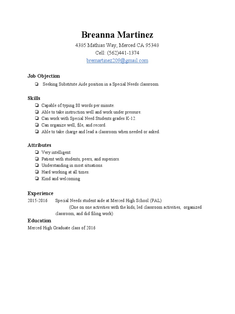 Substitute Aide Resume for Special Needs | PDF | Career & Growth | Self ...