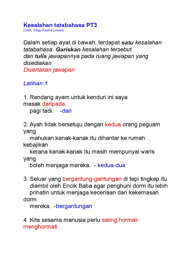Contoh Soalan Kesalahan Bahasa Dan Ejaan Pt3