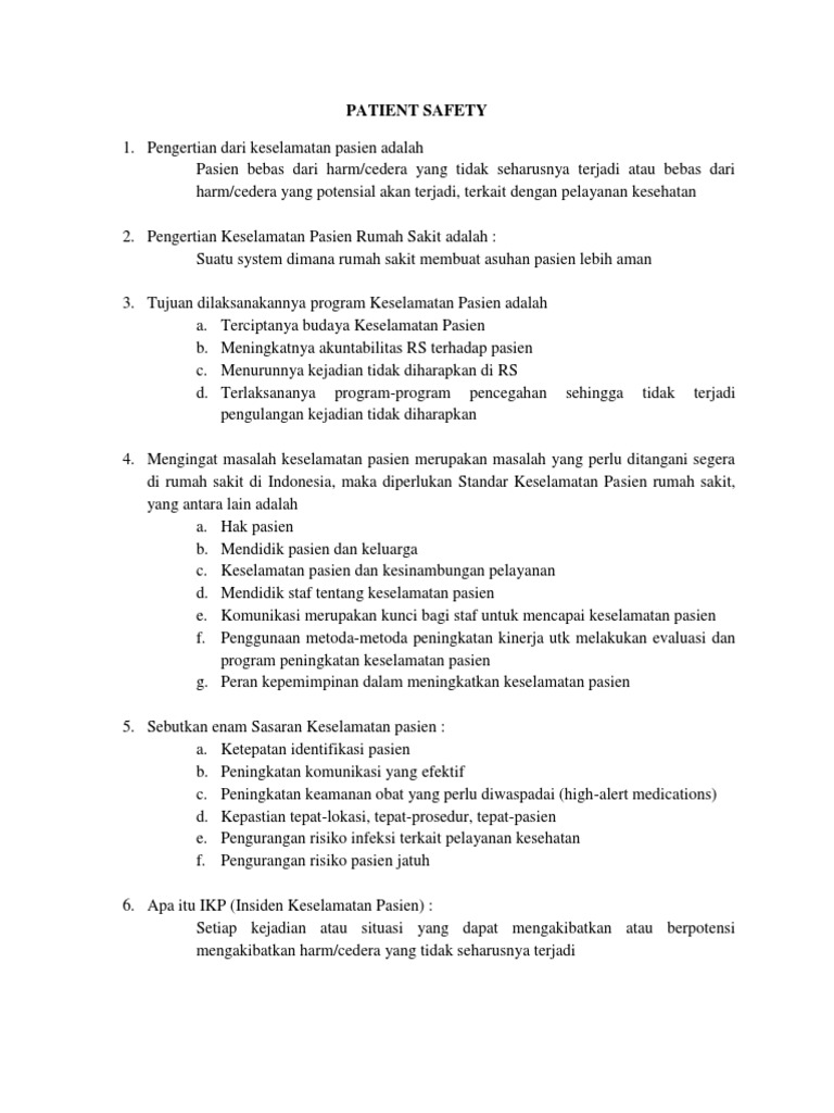 Soal Patient Safety Pengertian Dari Keselamatan Pasien Adalah