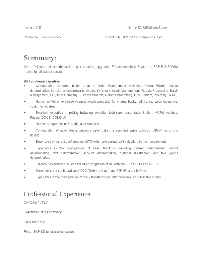 Sap SD Sample Resume With 10 Years PDF Electronic Data Interchange