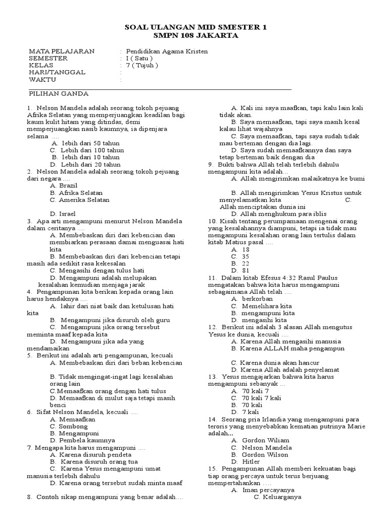 Soal Agama Kristen Smp Kelas 9 Semester 1 K13