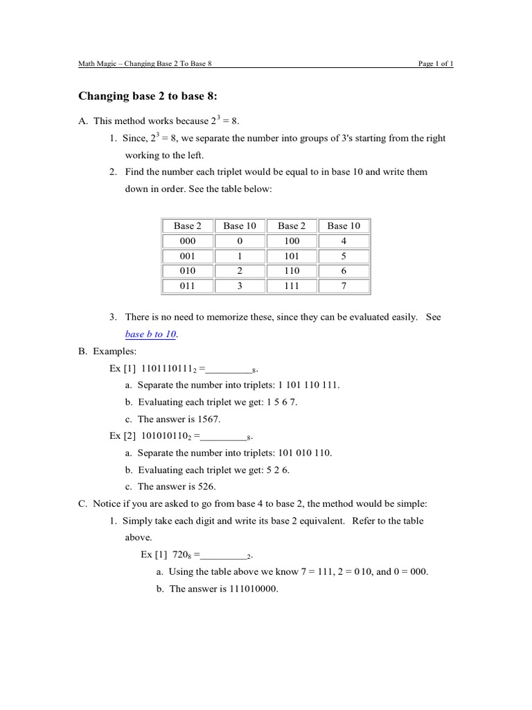 Changing Base 2 To Base 8:: Basebto10 | PDF