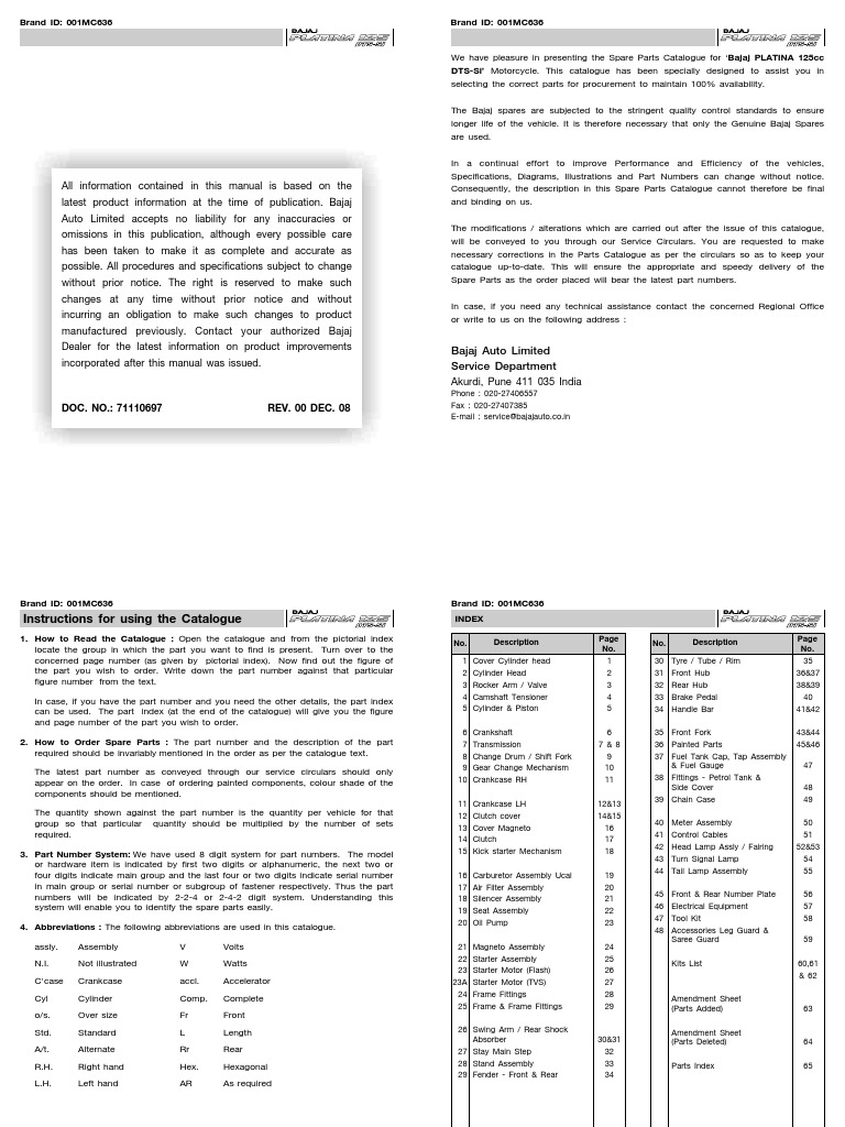 Platina 125 Dts Si SPC Esks Parts Catalogue PDF Engine
