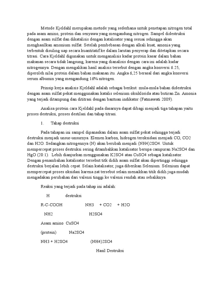 Penentuan Kadar Protein Kasar Metode Kjeldahl (Metode + Pembahasan) PDF