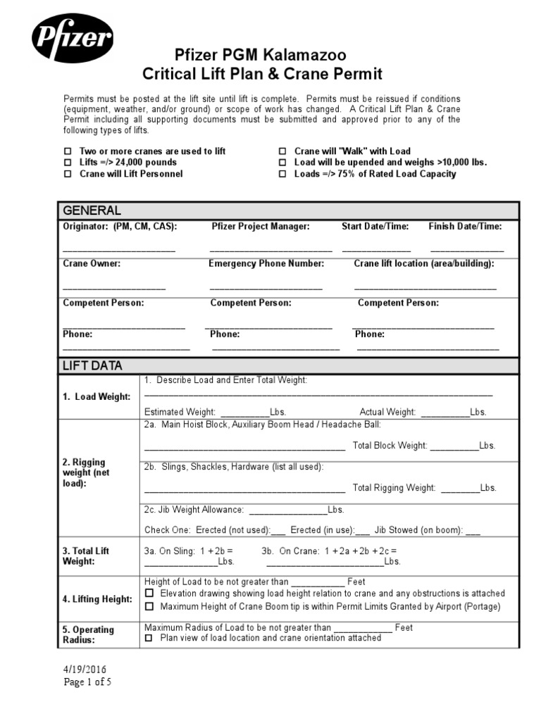 Planned Critical Lift Crane Permit Crane (Machine)