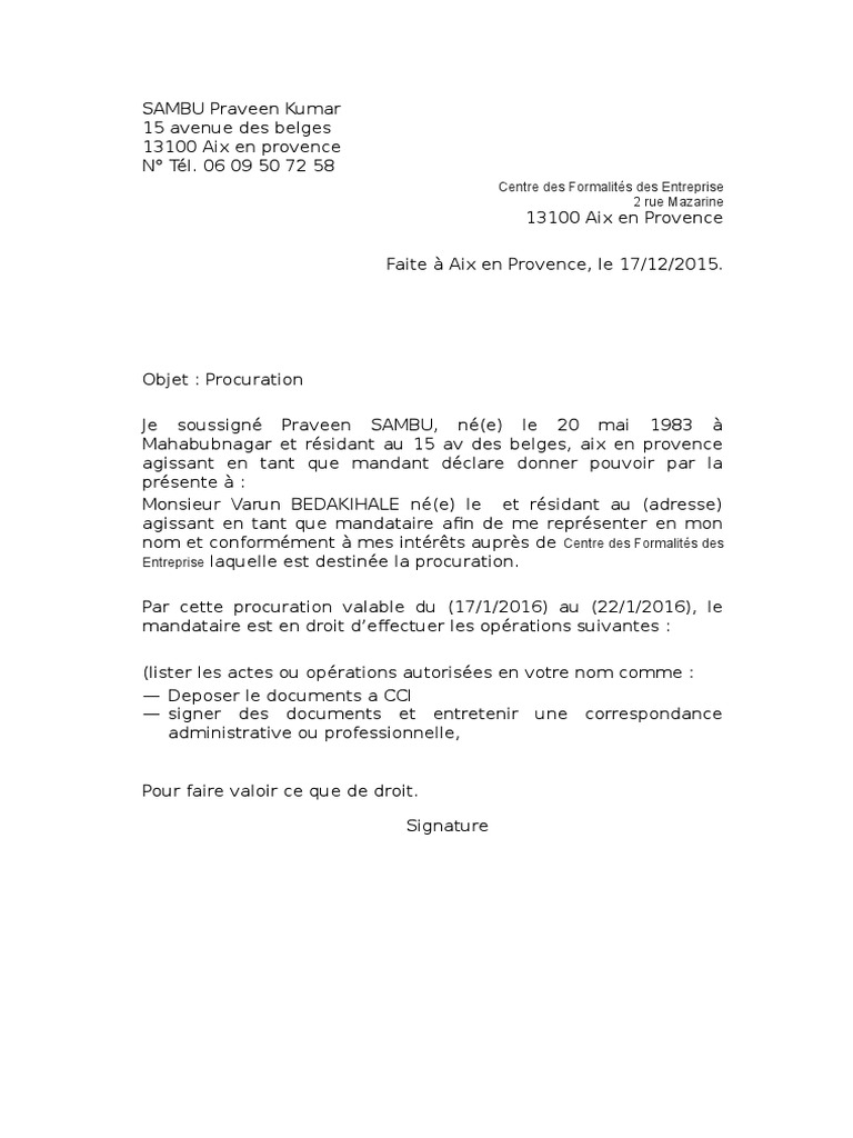 Lettre de procuration en francais Gouvernement Politique