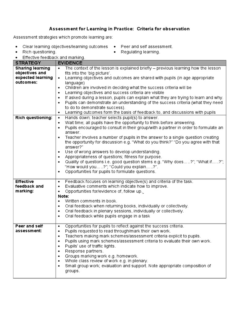 Assessment for Learning Strategies Guide | PDF | Educational Assessment ...